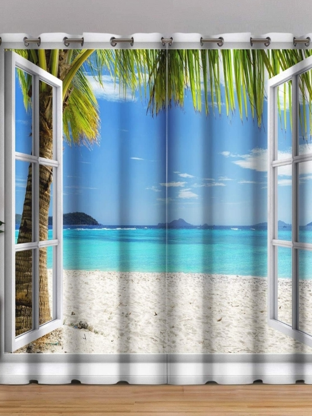 Tropical Beach Window Curtain Panel Set - Coastal Ocean Print
